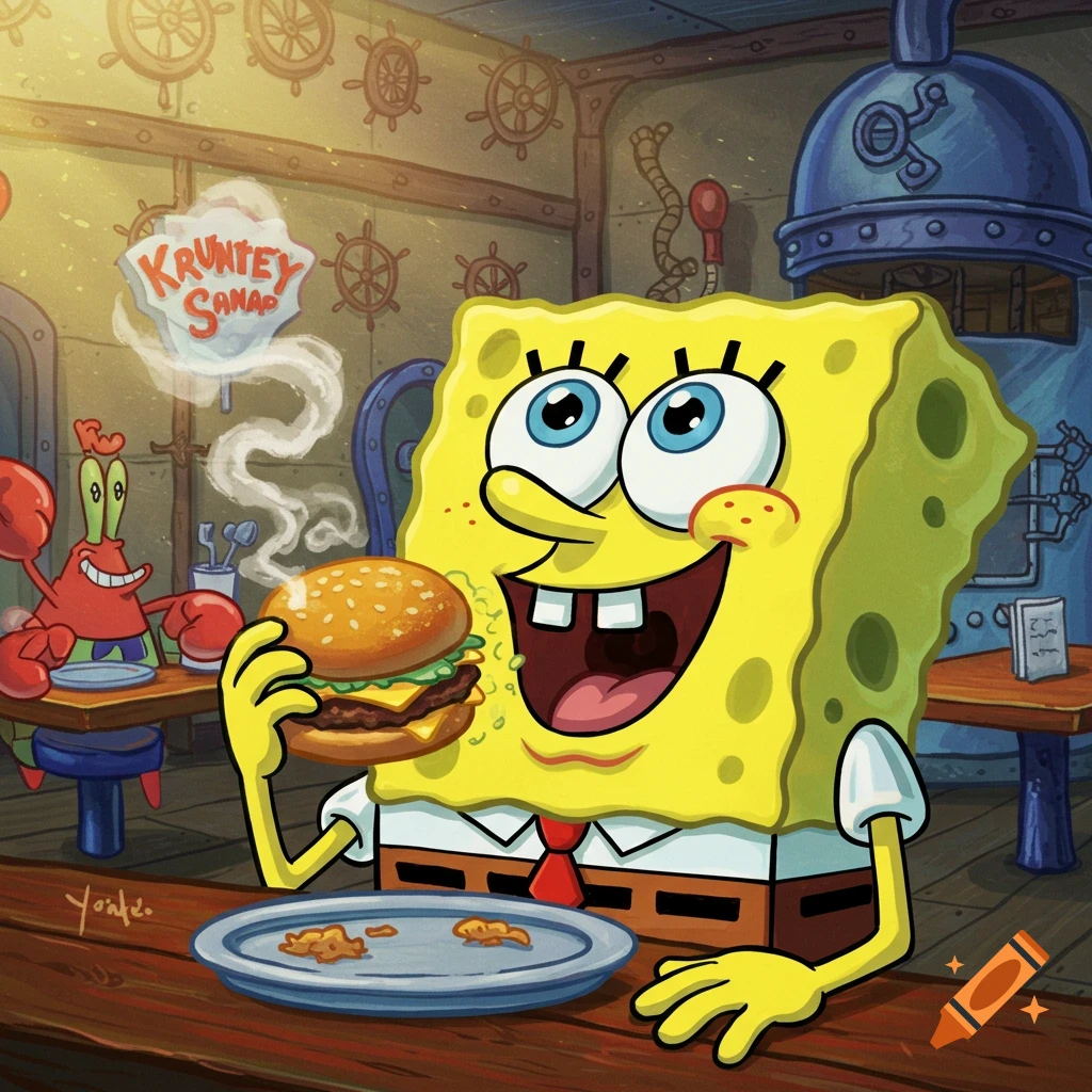 Spongebob Squarepants happily eats a burger while Mr. Krabs smiles in the background at the Krusty Krab.