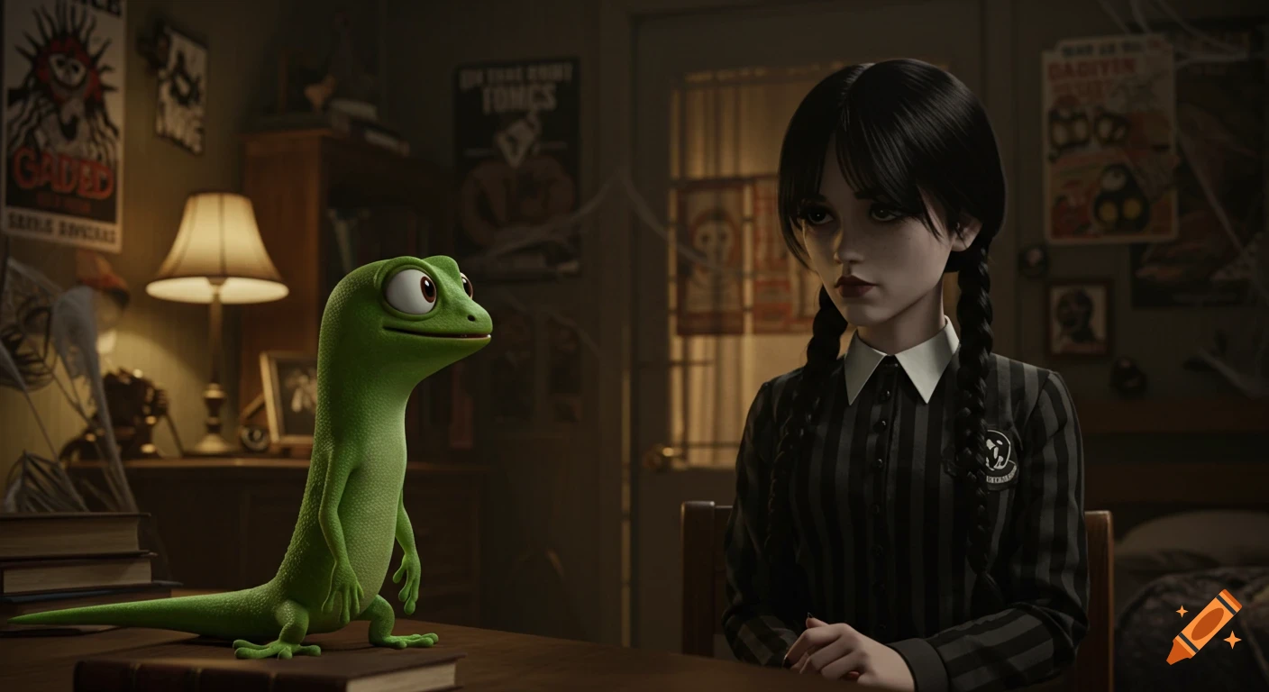 Wednesday Addams in her dorm room, looking at the Geico Gecko on the table, in a 3D animated style.