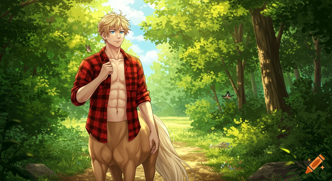 A blue-eyed blond centaur in an open red plaid flannel exposing abs, walks on a path through a sunny forest in anime style.