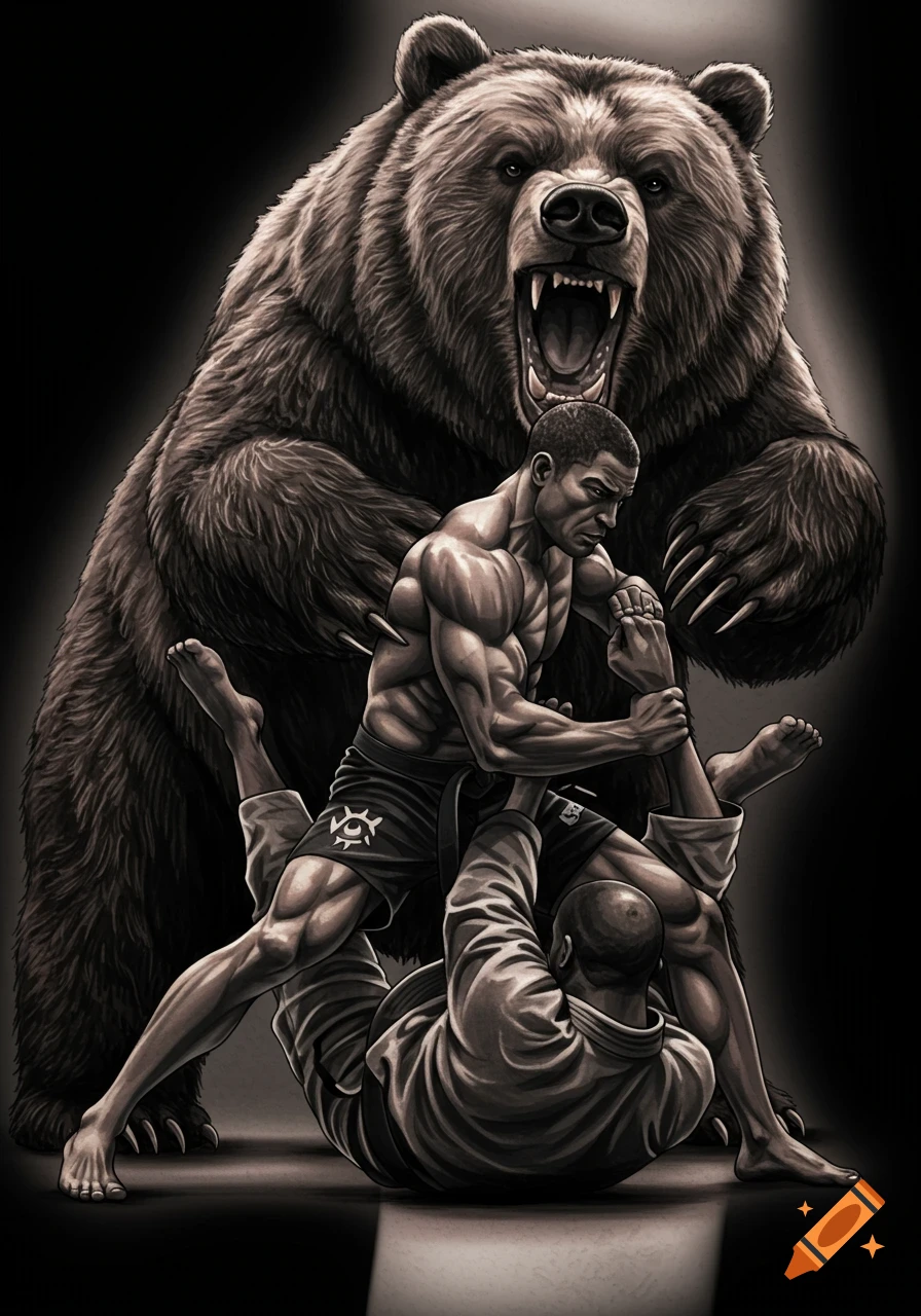 A stylized black and grey drawing of a bear roaring behind two men grappling in a martial arts hold, in a tattoo art style.