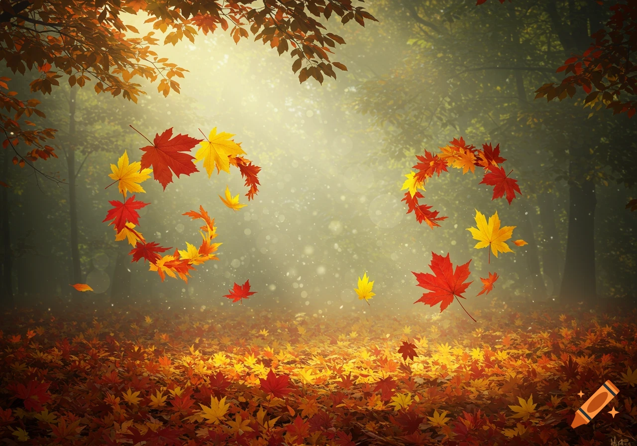 Bright autumn forest with red and yellow leaves swirling in circles and covering the ground.