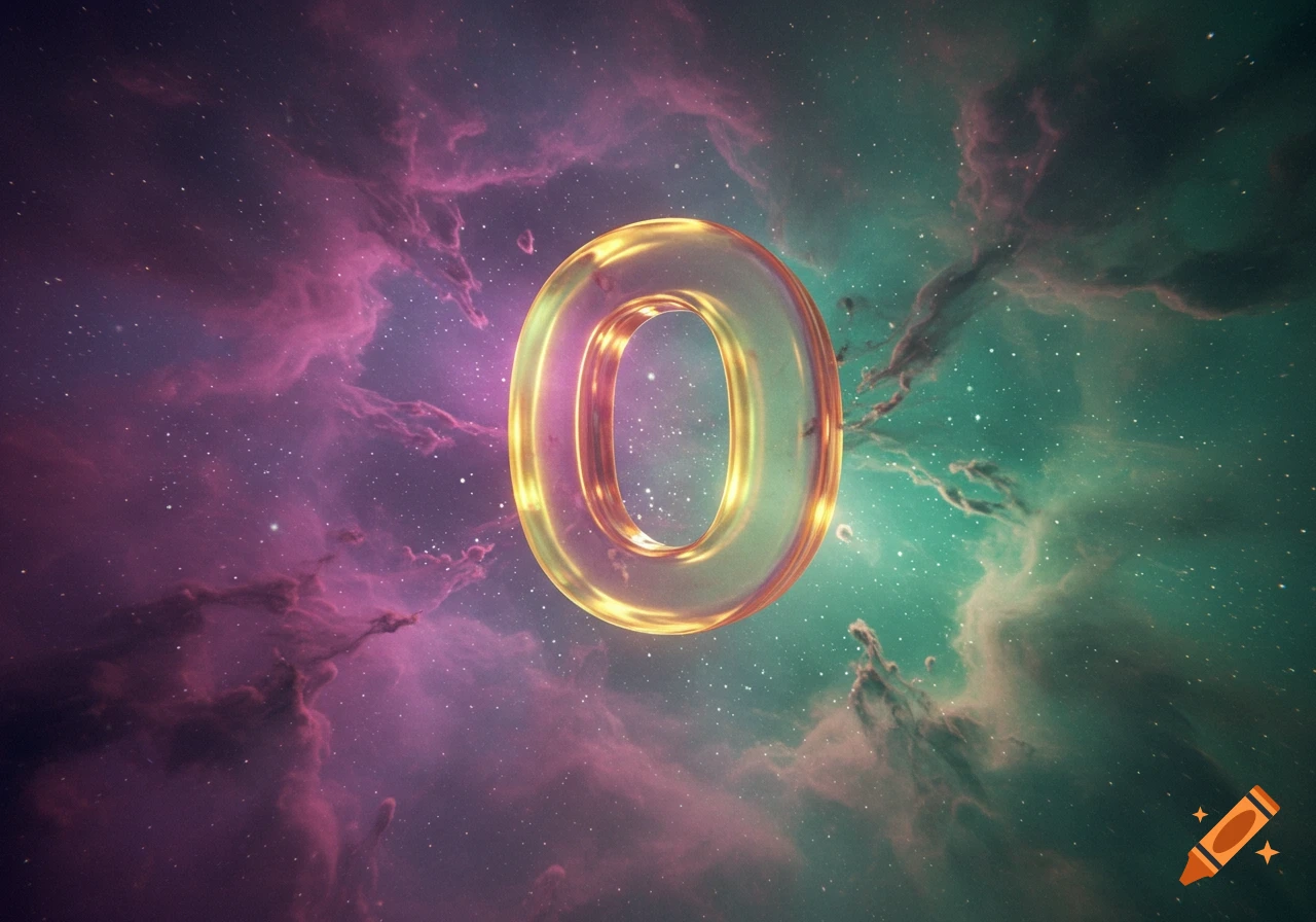 A glowing, glass-like number 0 floats in a vibrant purple and green nebula filled with stars.