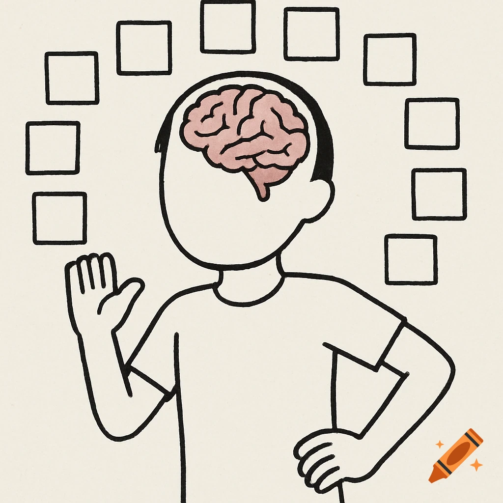 Simple 2D cartoon illustration of a faceless person with an exposed brain, waving, surrounded by blank boxes.