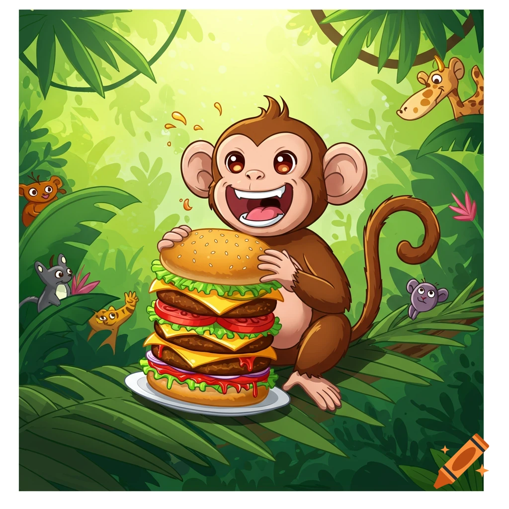 A happy cartoon monkey holding and laughing at a giant stacked hamburger in a vibrant jungle with other small animals.