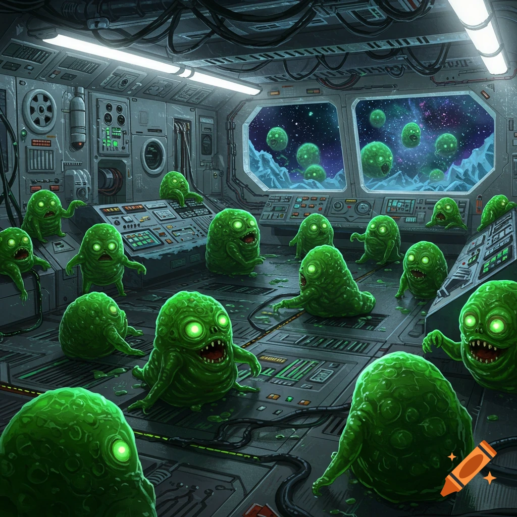 Green, blob-like aliens with glowing eyes swarm a spaceship cockpit, operating controls while more aliens float in space outside the windows.
