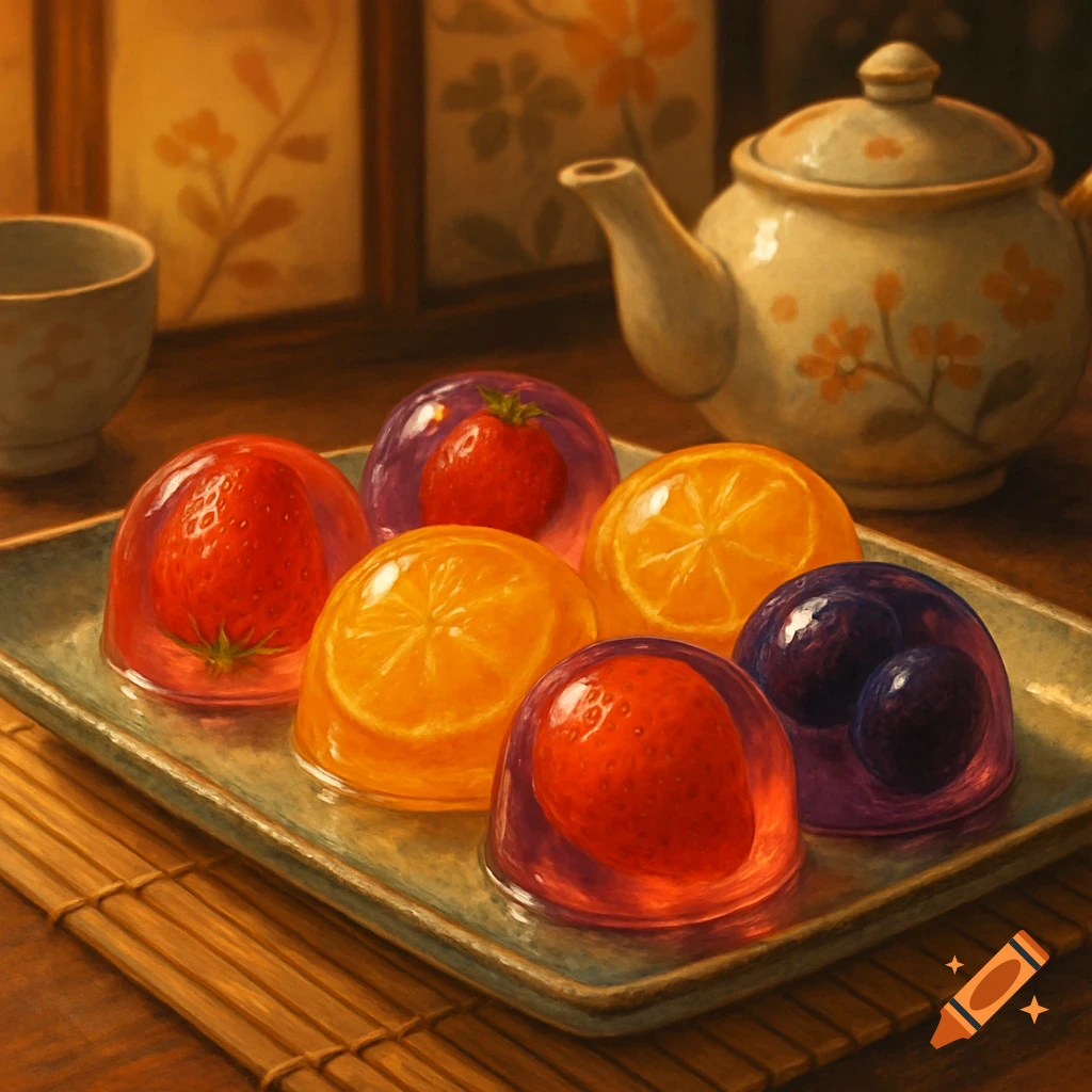Colorful fruit jellies with strawberries, orange slices, and blueberries on a plate, with a teapot and cup in the background, in a realistic painting style.