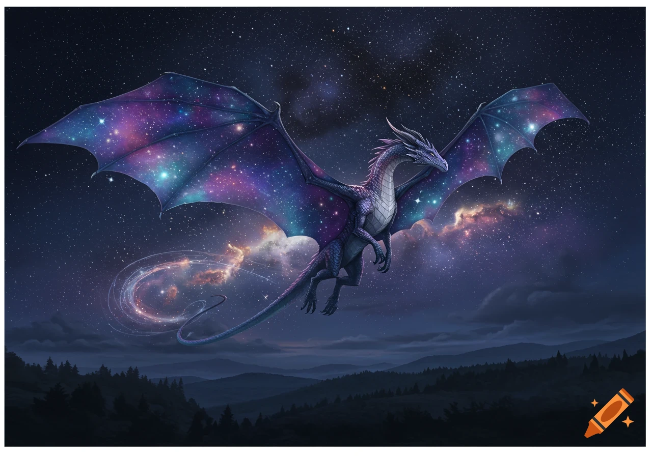 A majestic galactic dragon with shimmering purple and blue wings flies through a starry night sky above dark, forested mountains.