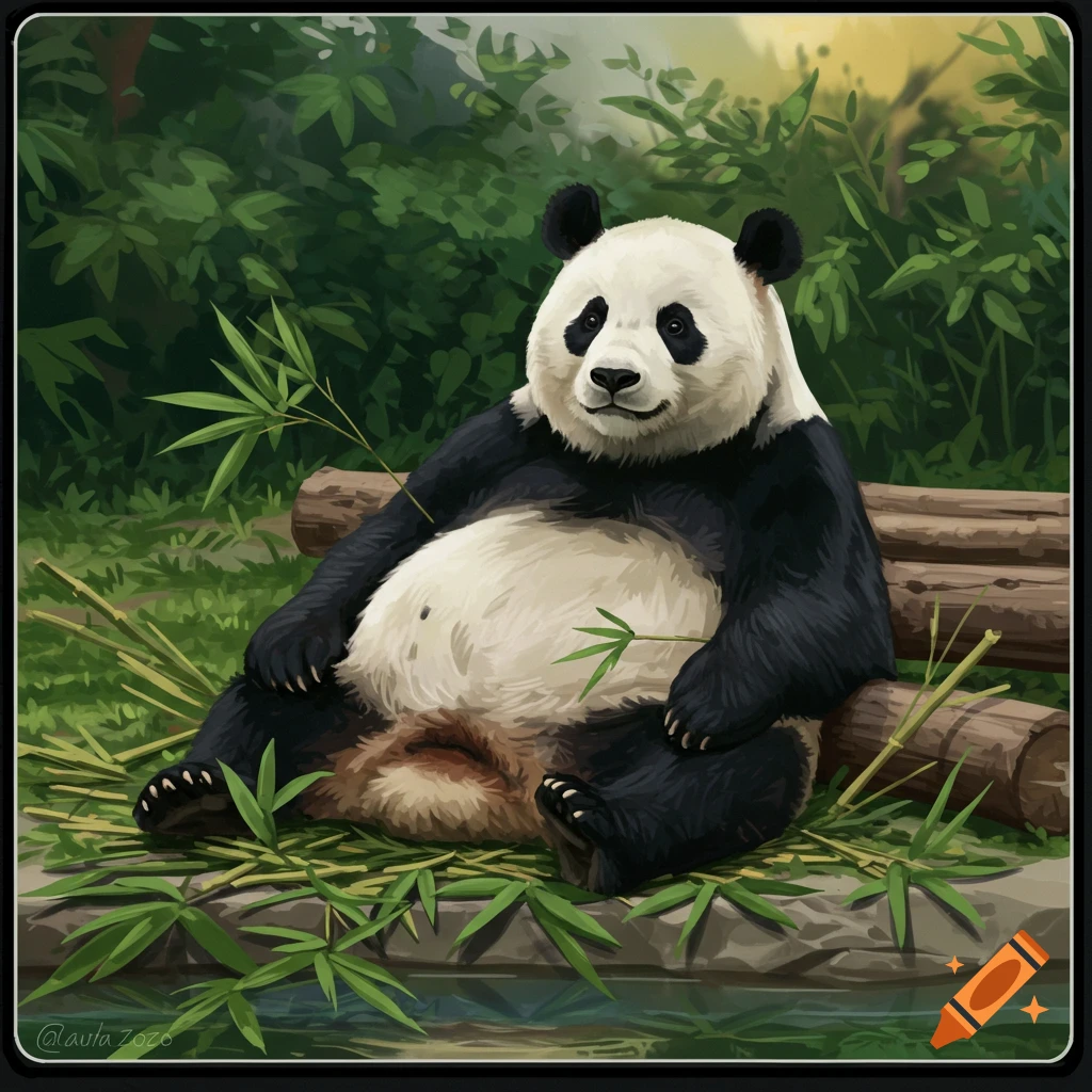 A fluffy panda with a large belly sits relaxed among bamboo and logs, surrounded by lush green foliage in an illustration.