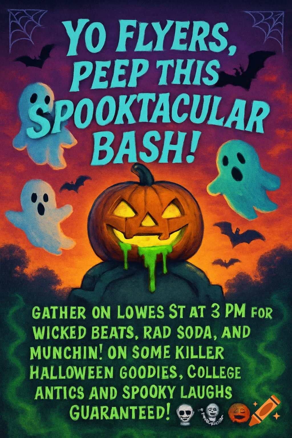 A spooky Halloween party invitation poster featuring a glowing jack-o'-lantern, floating ghosts, and bats against an orange and purple sky, with event details.