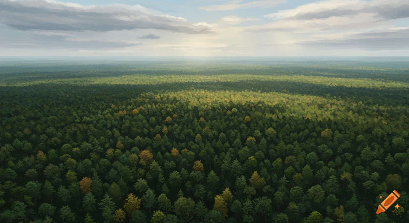 Aerial view of a vast green forest under a partly cloudy sky, with sun rays highlighting sections of the trees.