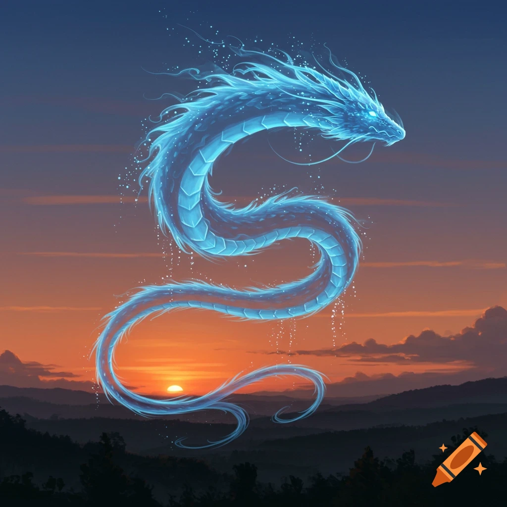 A glowing blue dragon with a body made of fumes floats in a dramatic sunset sky over dark mountains.