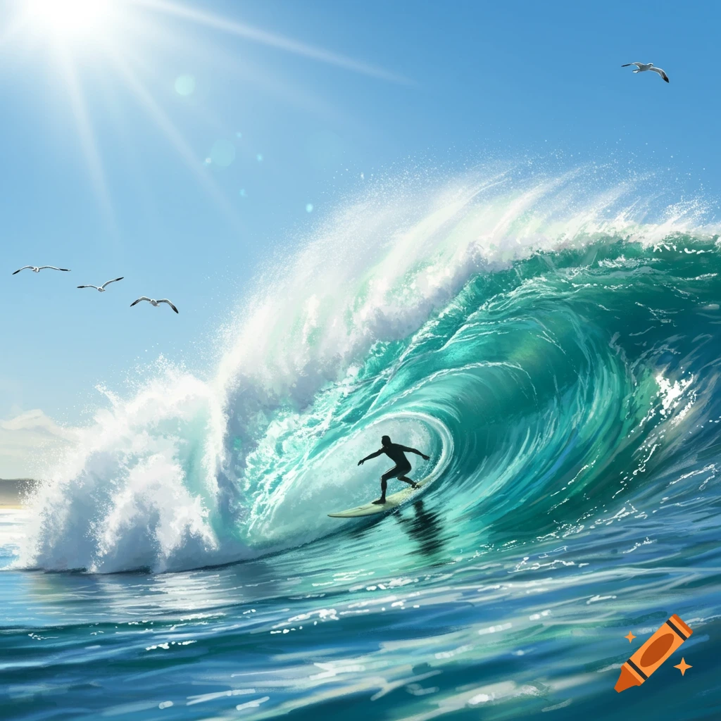 A silhouette of a surfer riding a large, curling blue-green wave under a bright sunny sky with seagulls flying.