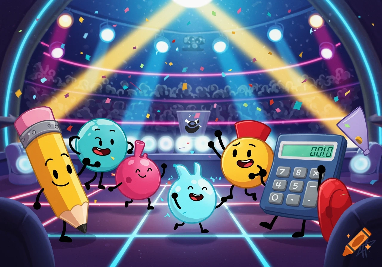 Cartoon anthropomorphic school supplies like a pencil and calculator dance on a brightly lit stage with confetti and a crowd.