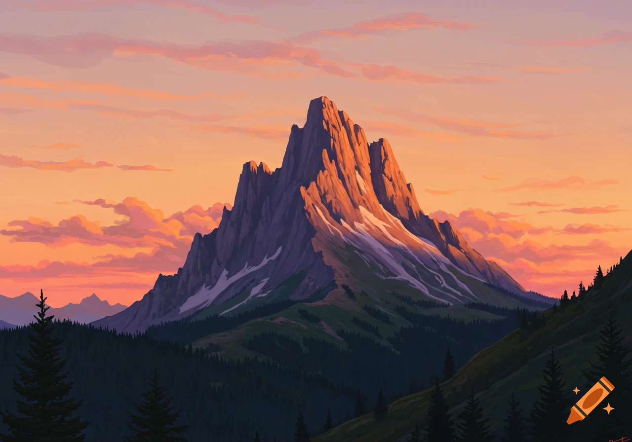 Stylized painting of jagged mountains and pine forests at sunset under an orange and pink sky.