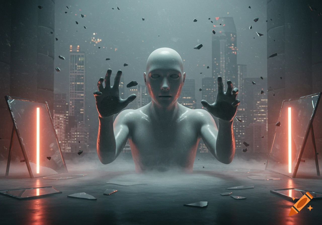 A pale, bald figure with fingerprint palms emerges from mist in a broken cityscape with glowing elements and floating debris.
