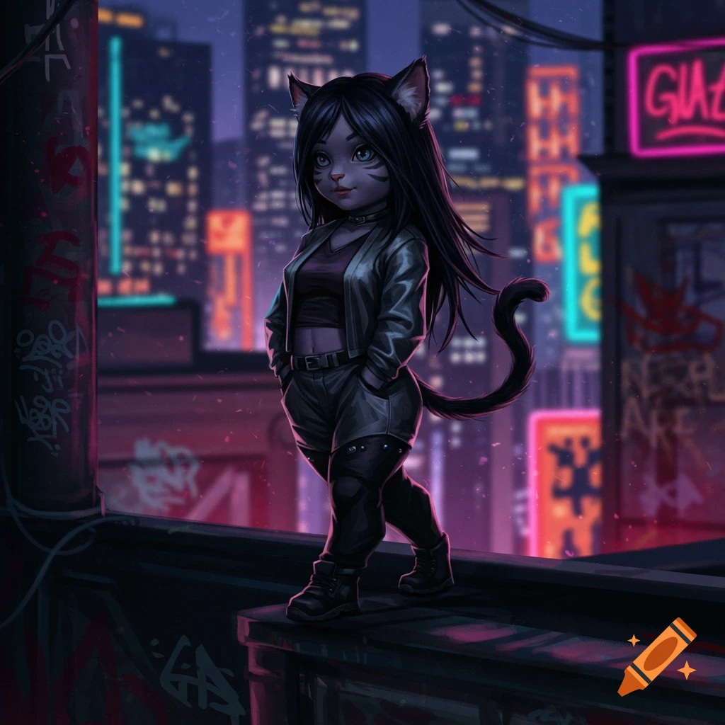 A stylized cat girl with black hair, ears, and tail stands on a rooftop against a neon-lit futuristic city at night in an anime art style.
