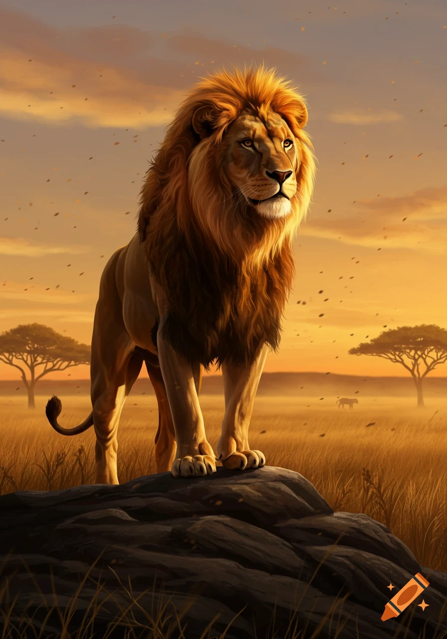 A majestic lion with a golden mane stands on a rock in an African savanna at sunset, looking to the right. Digital art.