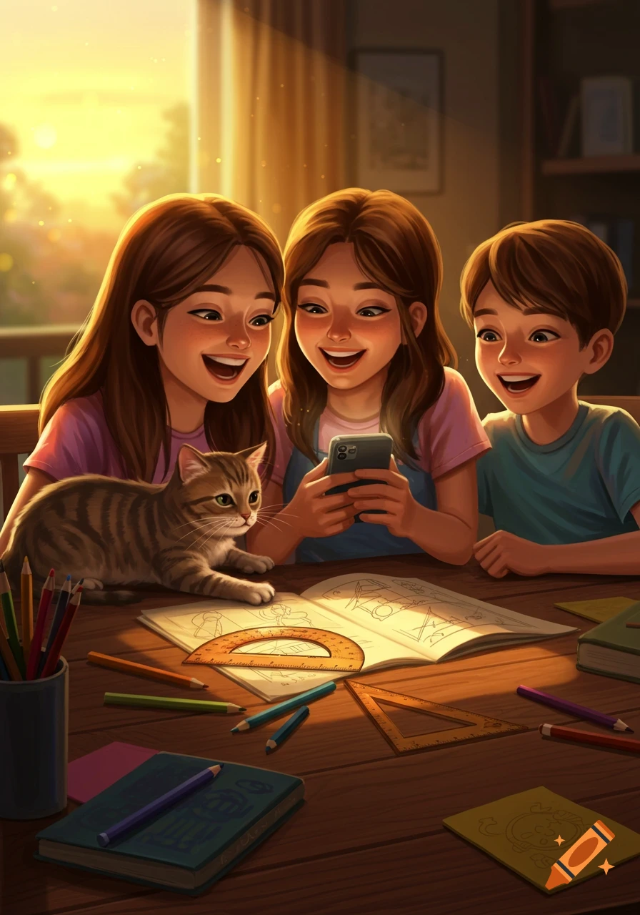 Two smiling girls, a boy, and a cat look at a smartphone on a sunny table with school supplies in a digital art style.