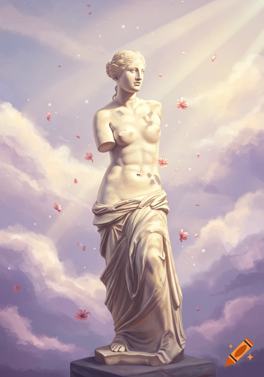 A marble statue of Venus de Milo stands against a soft purple and orange cloudy sky with falling pink petals.