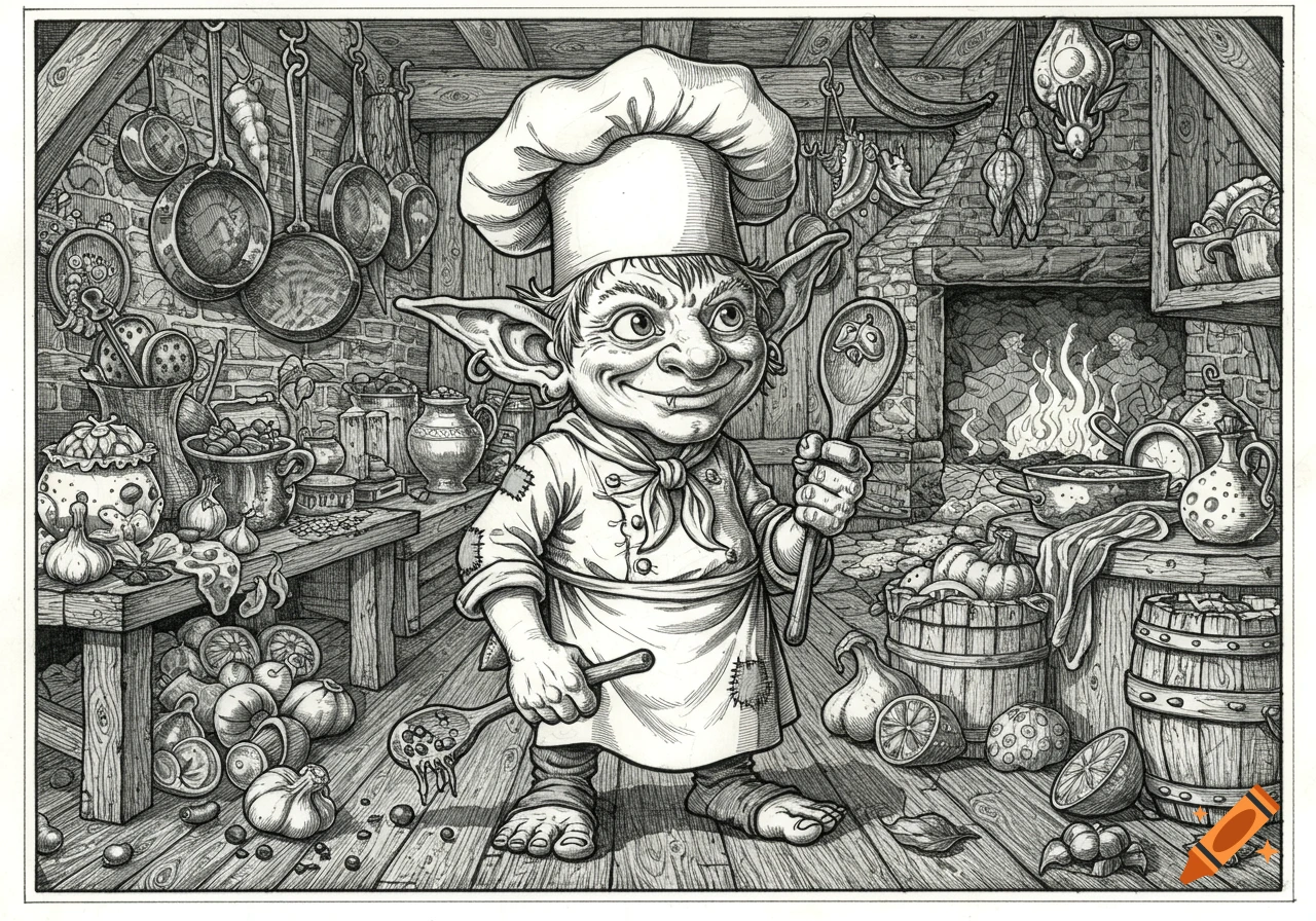 Black and white ink illustration of a grinning goblin cook in a rustic kitchen, holding two spoons. The kitchen is full of pots, pans, vegetables, and a fireplace.