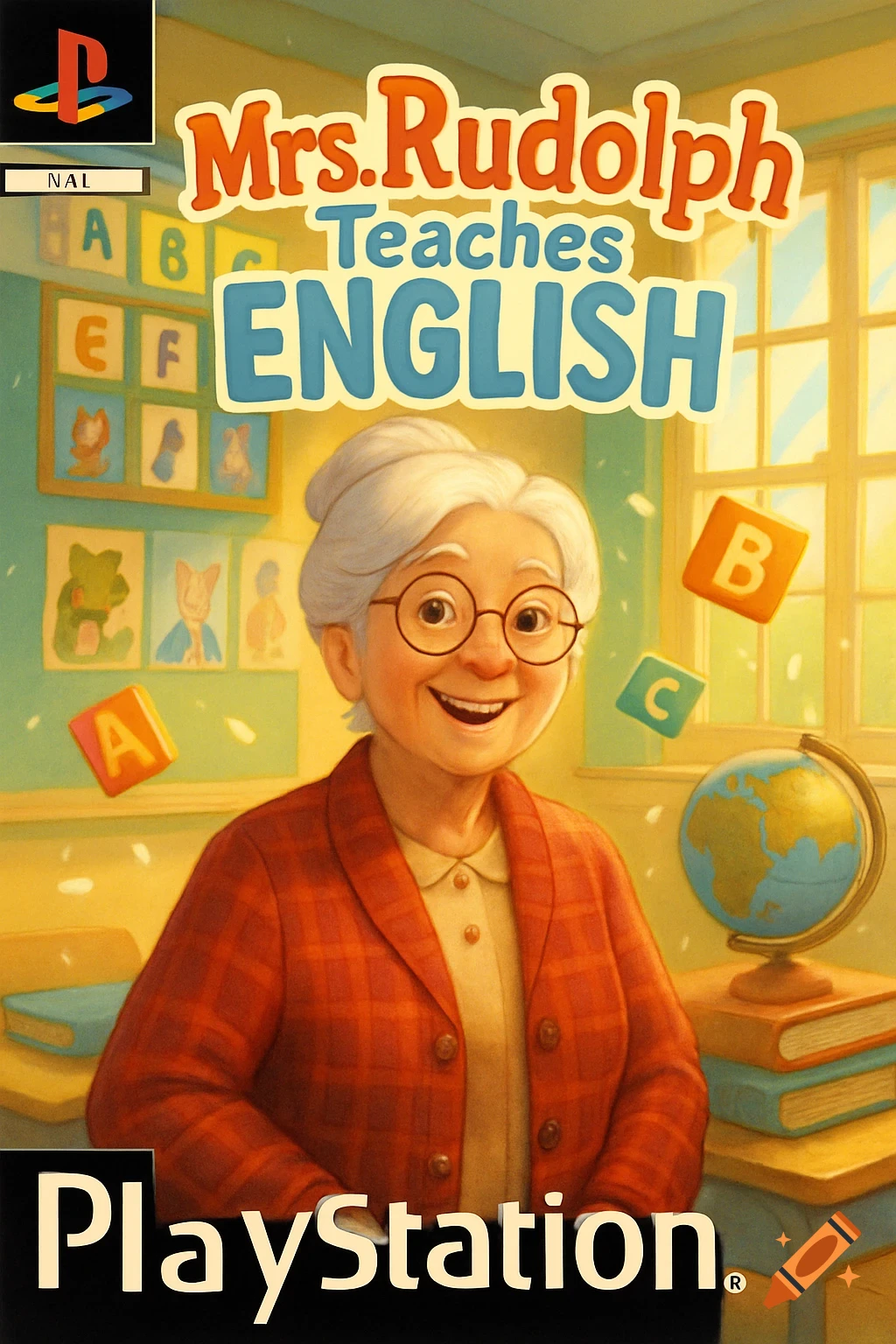 PlayStation game cover for 'Mrs. Rudolph Teaches English' featuring a smiling elderly teacher in a classroom with a globe and alphabet blocks.