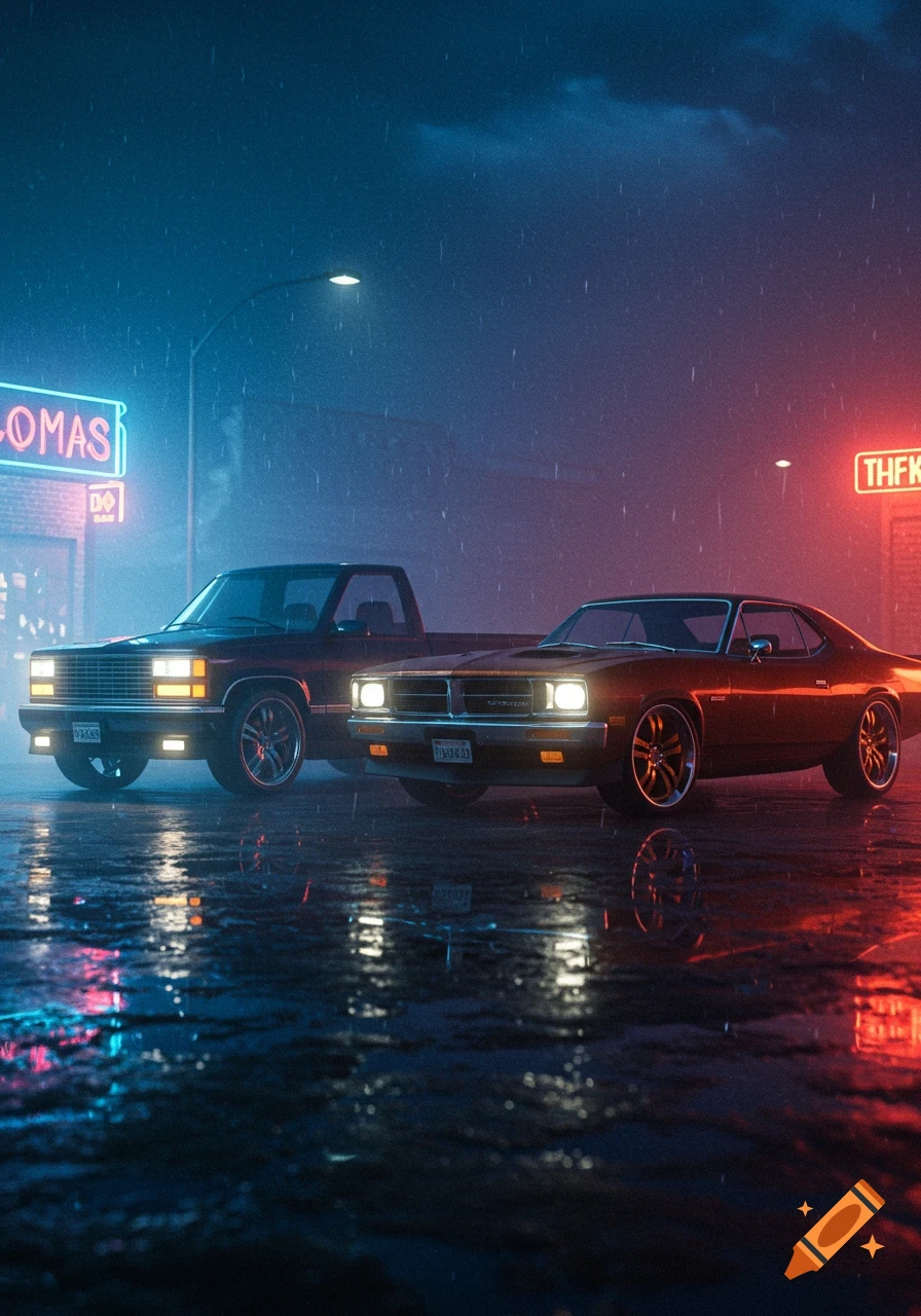 A black pickup truck and an orange muscle car parked on a wet street at night in the rain, under neon lights, photorealistic style.