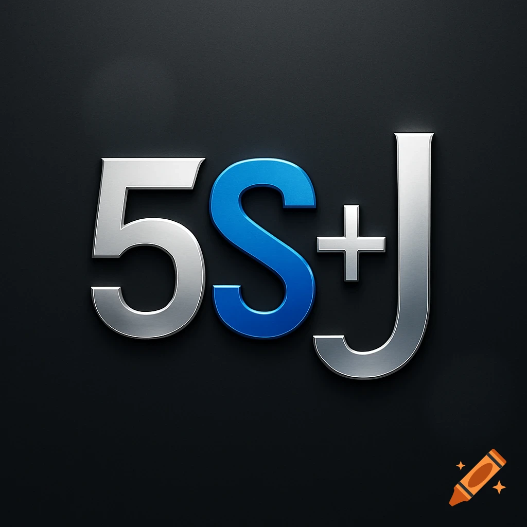 A 3D logo featuring '5S+J' with silver '5' and 'J', a blue glossy 'S', and a silver '+' on a dark, textured background.