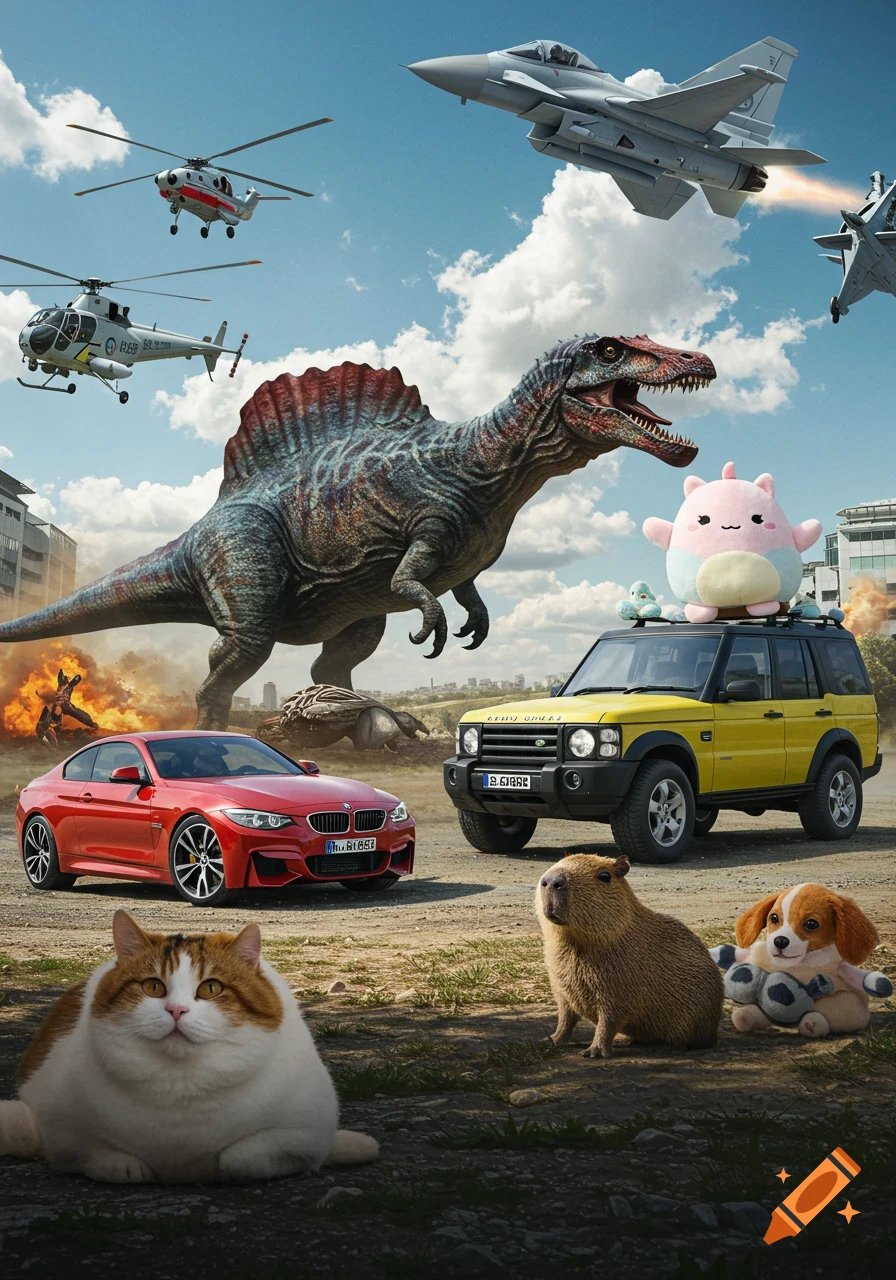 A surreal scene with a giant Spinosaurus, military jets, helicopters, cars, a capybara, fluffy cat, and dog plushie.