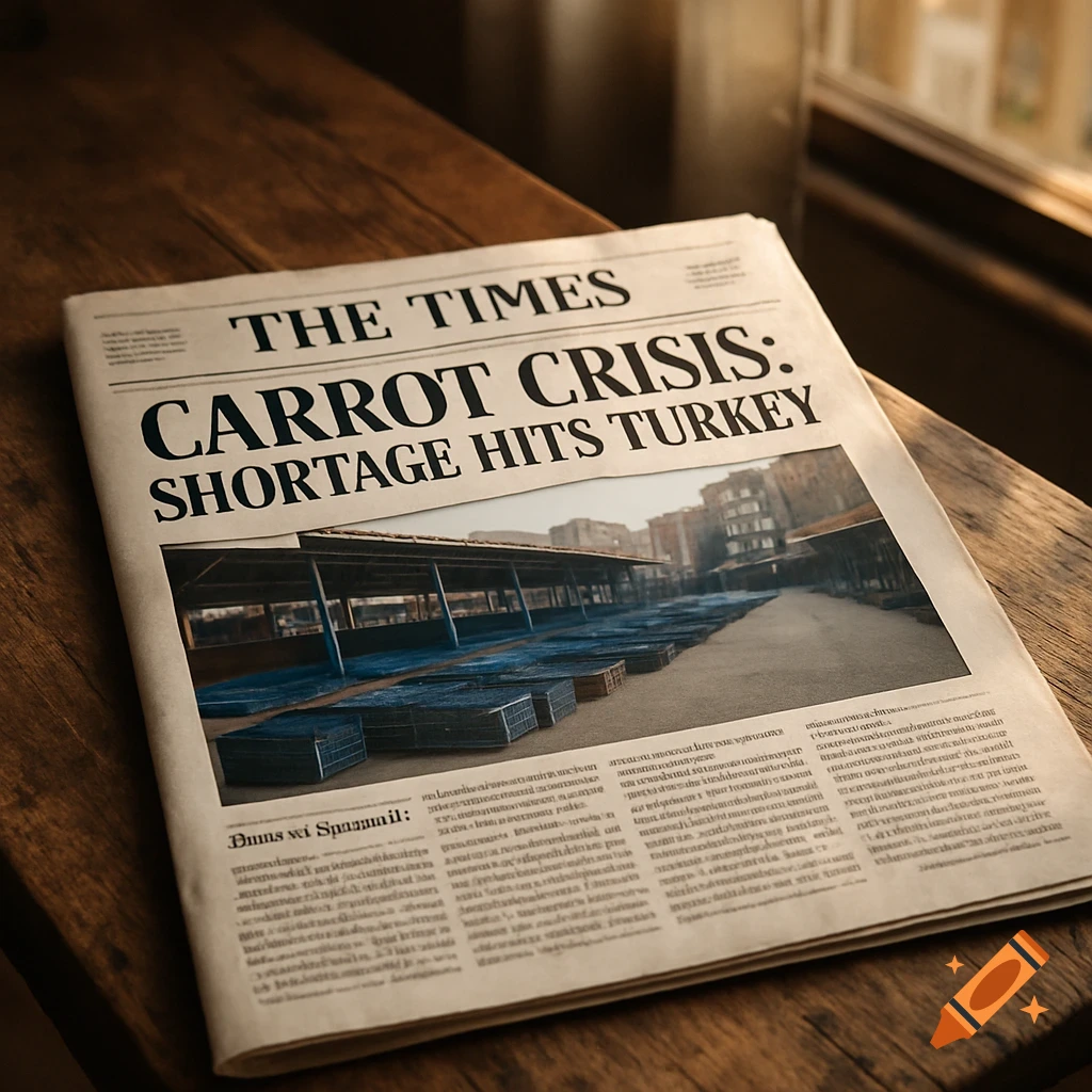 Close-up of a newspaper front page on a wooden table, headlining 'CARROT CRISIS: SHORTAGE HITS TURKEY' with an image of an empty market.