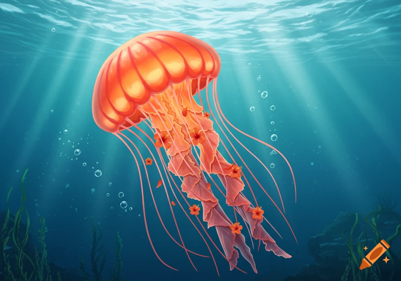 Vibrant orange jellyfish with hibiscus flowers on its tentacles swims in a blue ocean with sun rays, illustration.