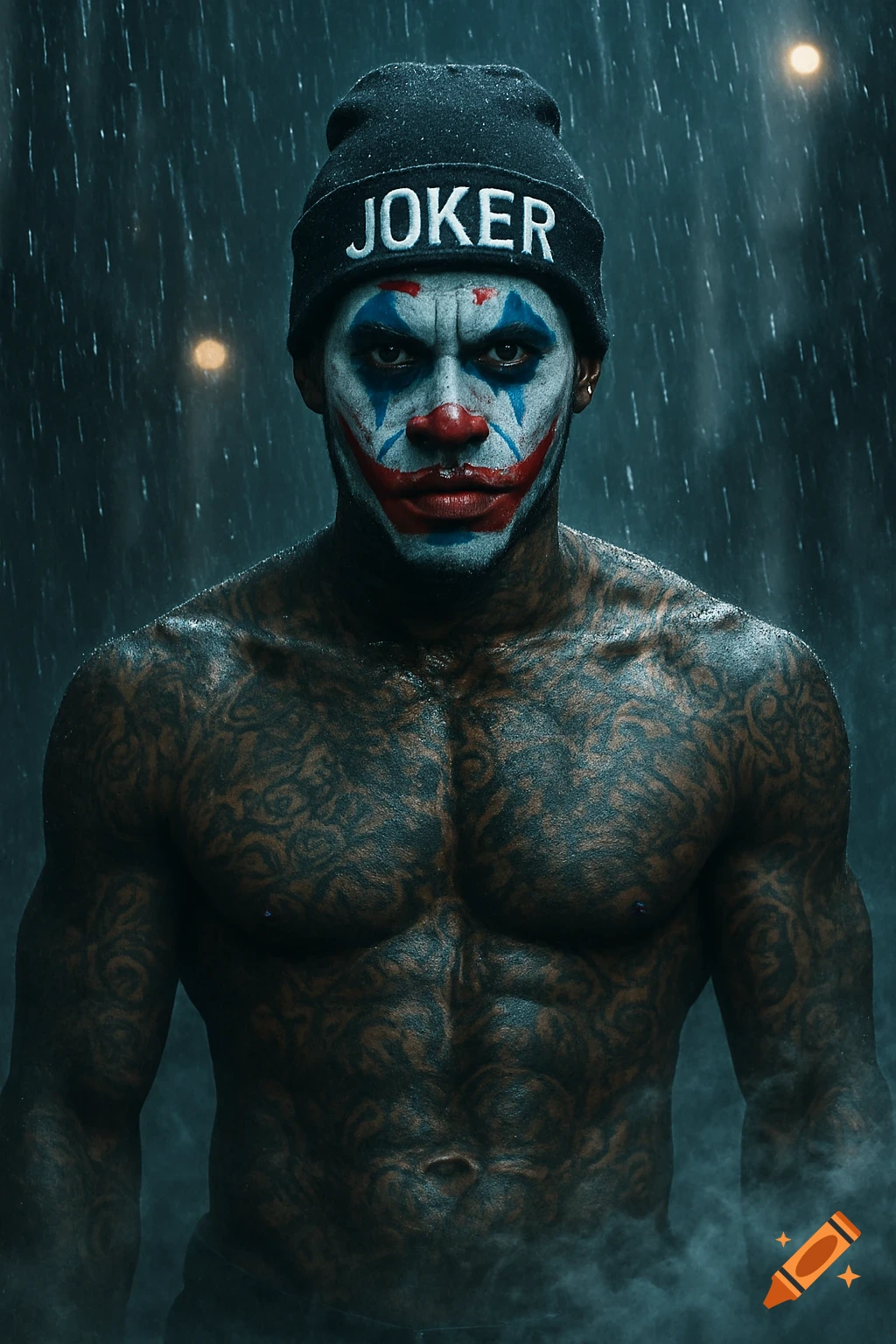 Photorealistic portrait of a shirtless, tattooed African American man with Joker clown makeup and a beanie in the rain.