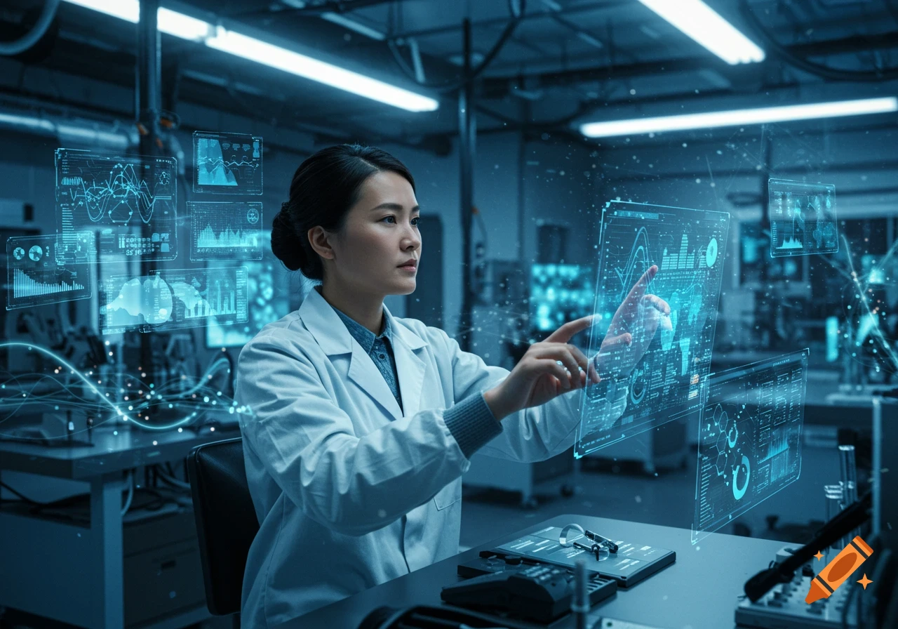 A female scientist in a lab coat interacts with multiple glowing holographic data screens in a high-tech laboratory.