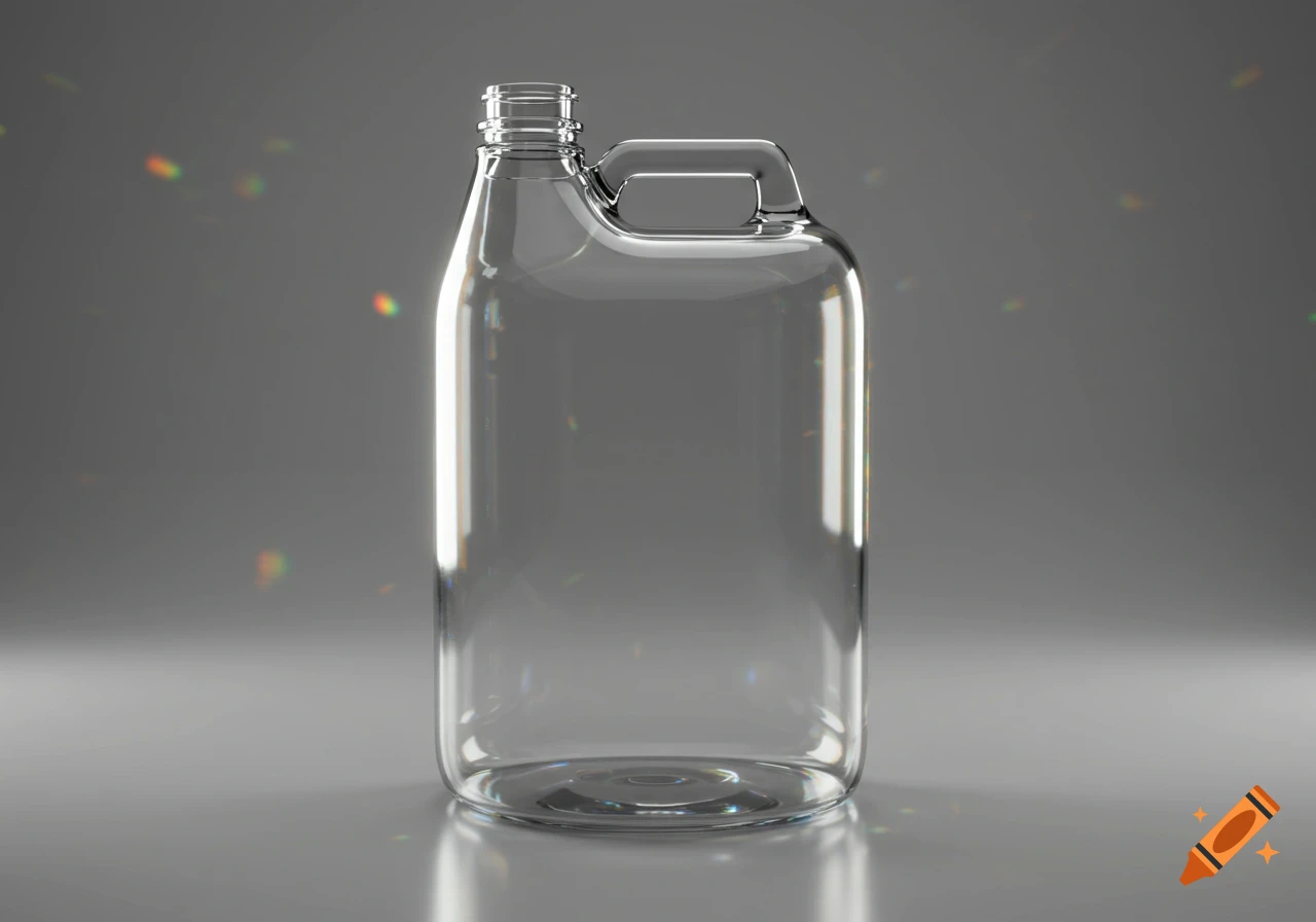 A clear, empty plastic canister with a handle stands on a reflective surface against a gray background with subtle colorful light refractions.