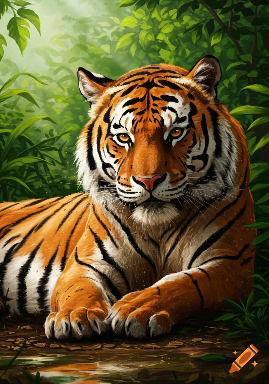 A vibrant illustration of an orange and black striped tiger lying in lush green jungle foliage, looking directly forward.