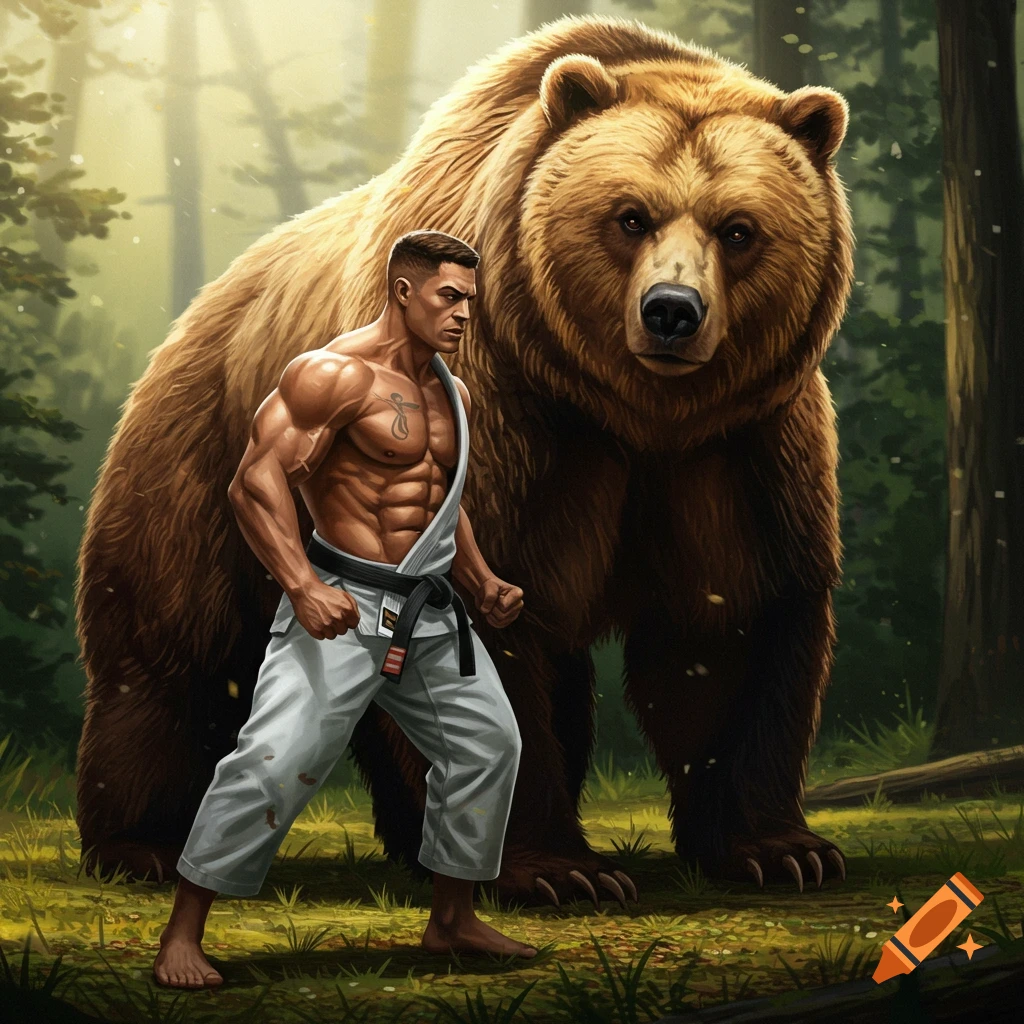 A muscular man in a white gi with a black belt stands barefoot, facing a large brown bear in a forest. Illustration style.