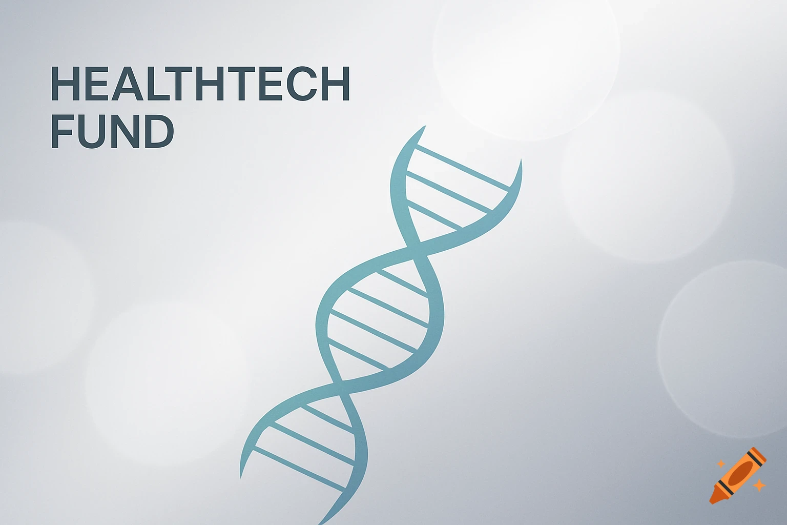 A blue-green DNA helix with 'HEALTH TECH FUND' text on a light grey background with bokeh.