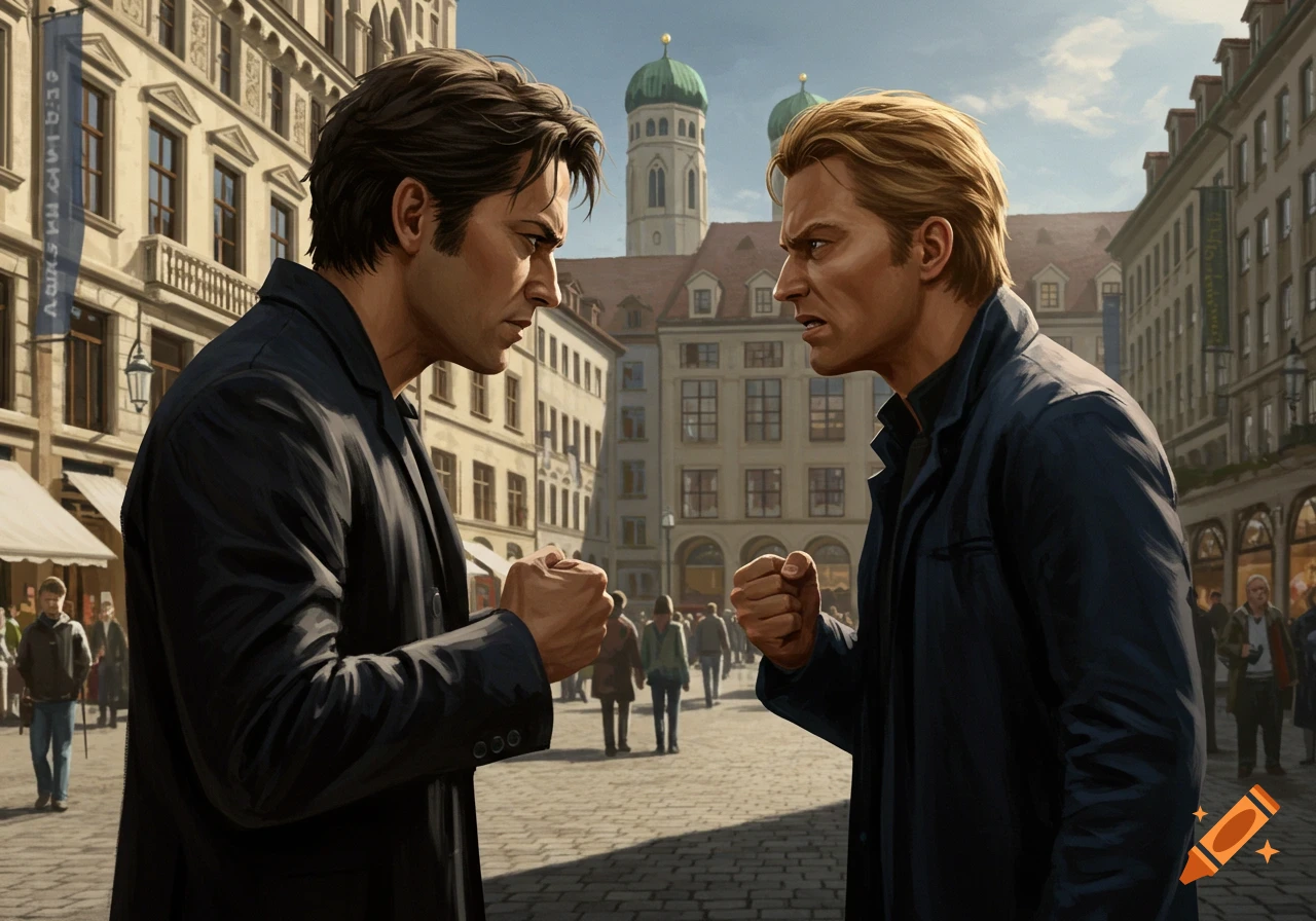 Two angry men with clenched fists face each other intensely on a cobblestone street in a European city, with historic buildings and people in the background.