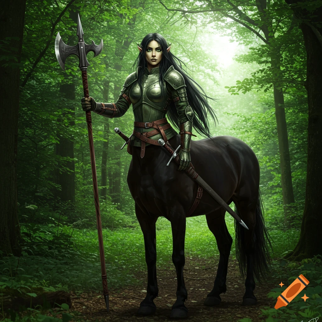 A female centaur with long black hair, forest green eyes, and green leather armor stands in a forest, holding a halberd with a sword at her hip.