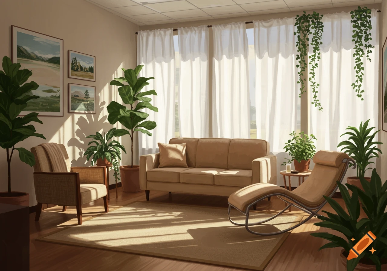 A cozy, sunlit consultation room with a beige sofa, a rocking chaise, an armchair, numerous houseplants, and landscape paintings, in a digital painting style.