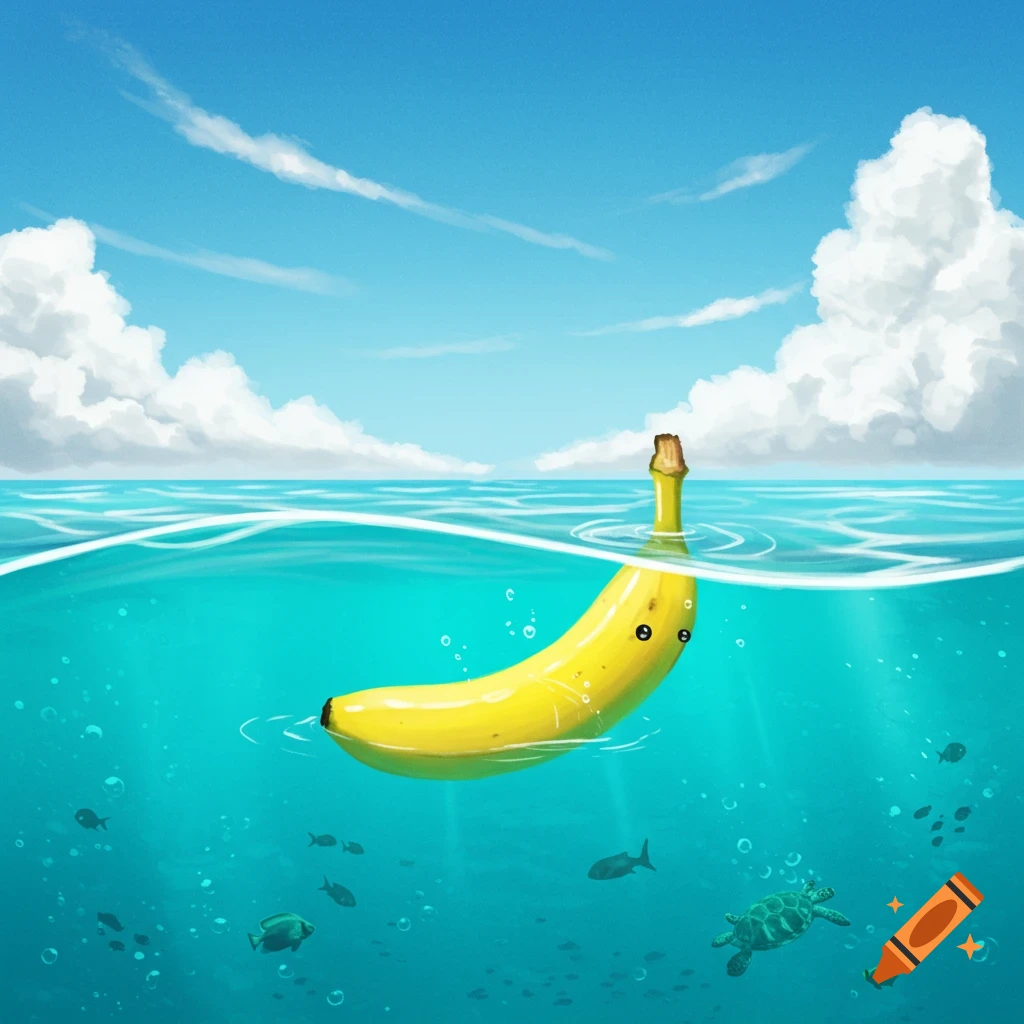 A cheerful cartoon banana with eyes floats in a clear blue ocean under a sunny sky, with fish and a sea turtle underwater.