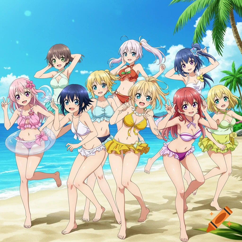 Nine anime girls in colorful swimsuits pose happily on a sunny beach with palm trees and ocean in the background.