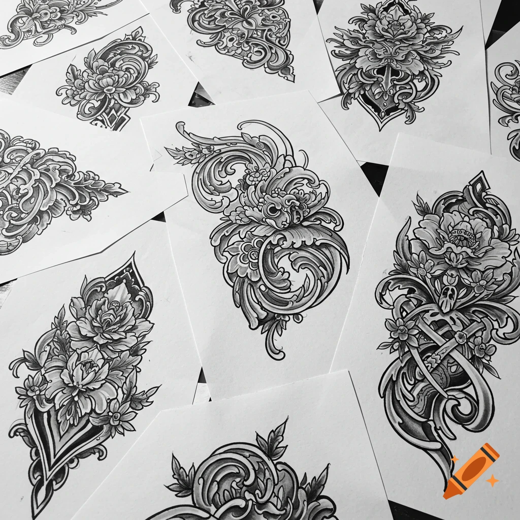 Close-up of multiple black and white ornamental floral tattoo designs drawn on white paper, scattered across a surface.