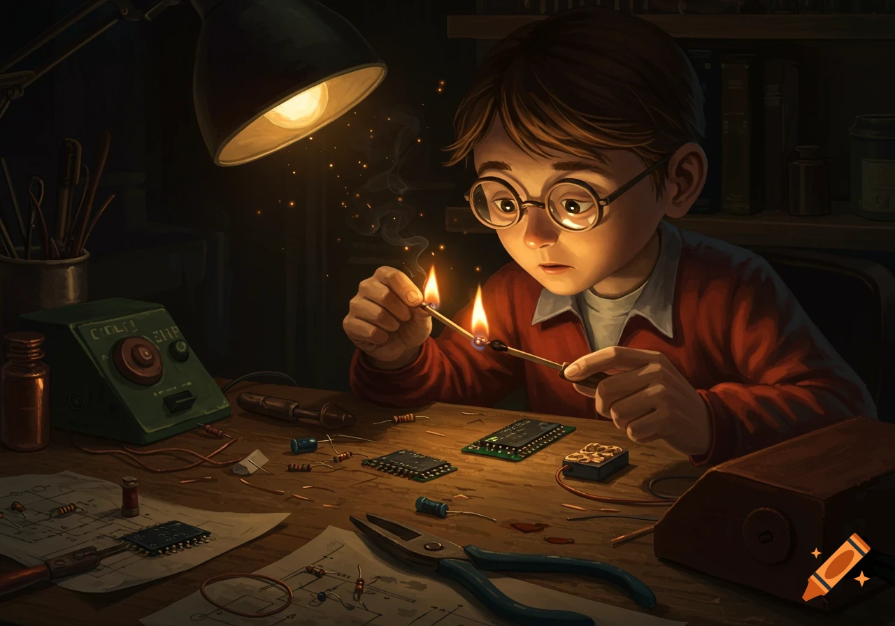 A young boy in glasses soldering electronics with a lit match under a desk lamp, in an illustrative style.