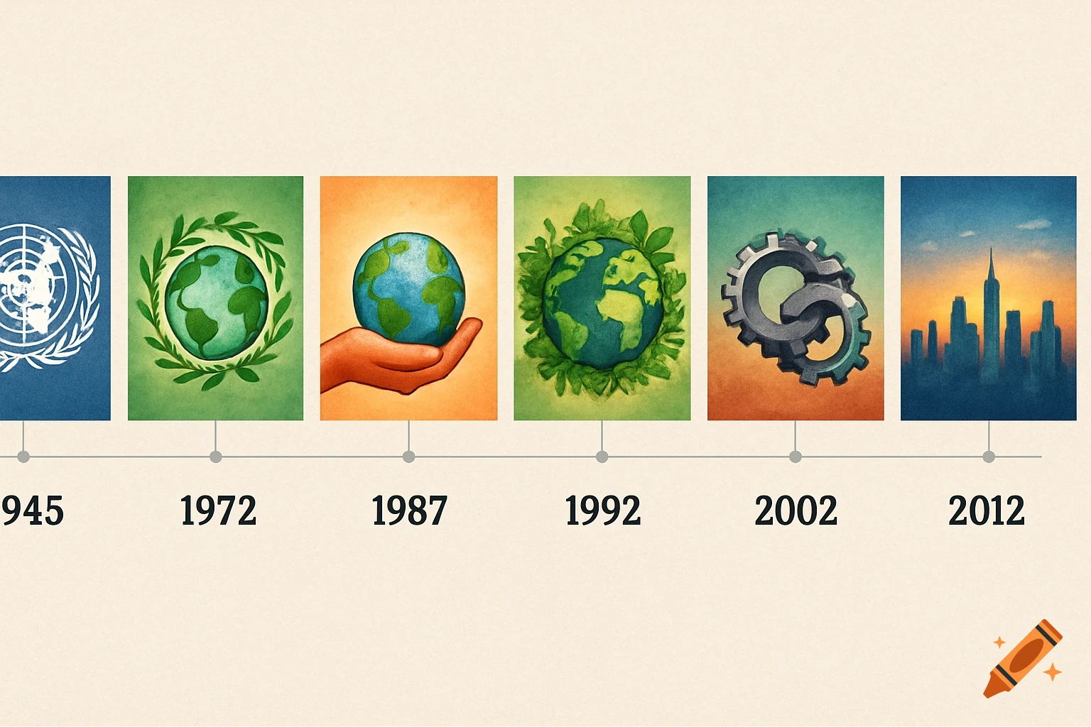 A timeline of sustainability-related events, featuring illustrations of the UN emblem, globes with leaves, interlocking gears, and a city skyline, with dates 1945, 1972, 1987, 1992, 2002, 2012.