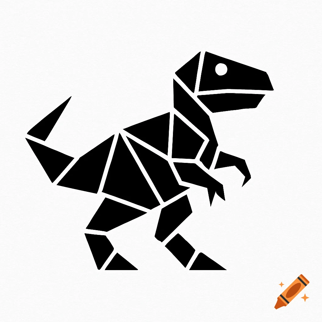 A black geometric dinosaur logo with sharp angles and a white eye, set against a white background.