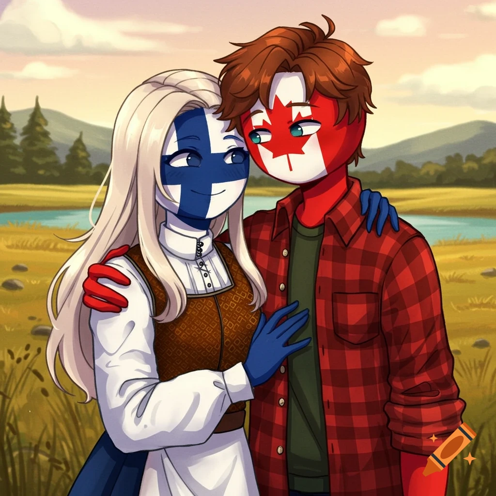 Cartoon Finland (female) and Canada (male) country human characters embrace in a field with a lake and mountains.