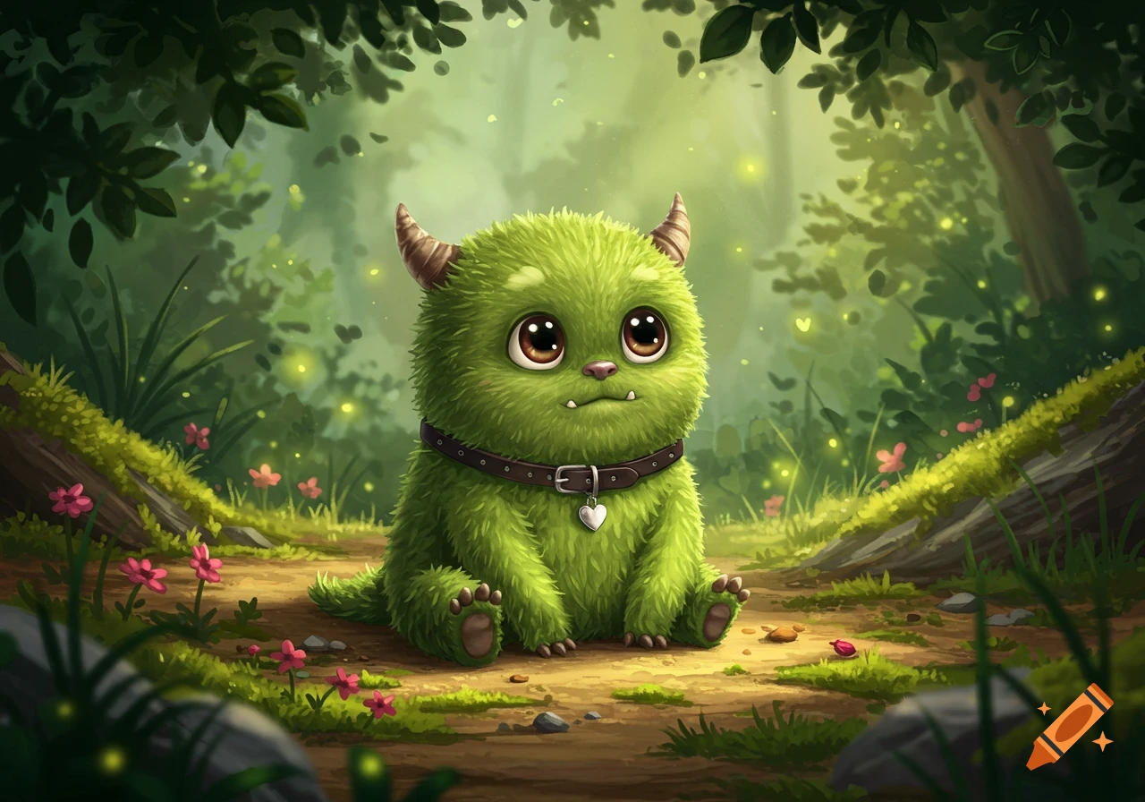 A cute, fluffy green monster with horns and big eyes wears a collar with a heart tag, sitting in a magical forest with pink flowers and glowing lights.