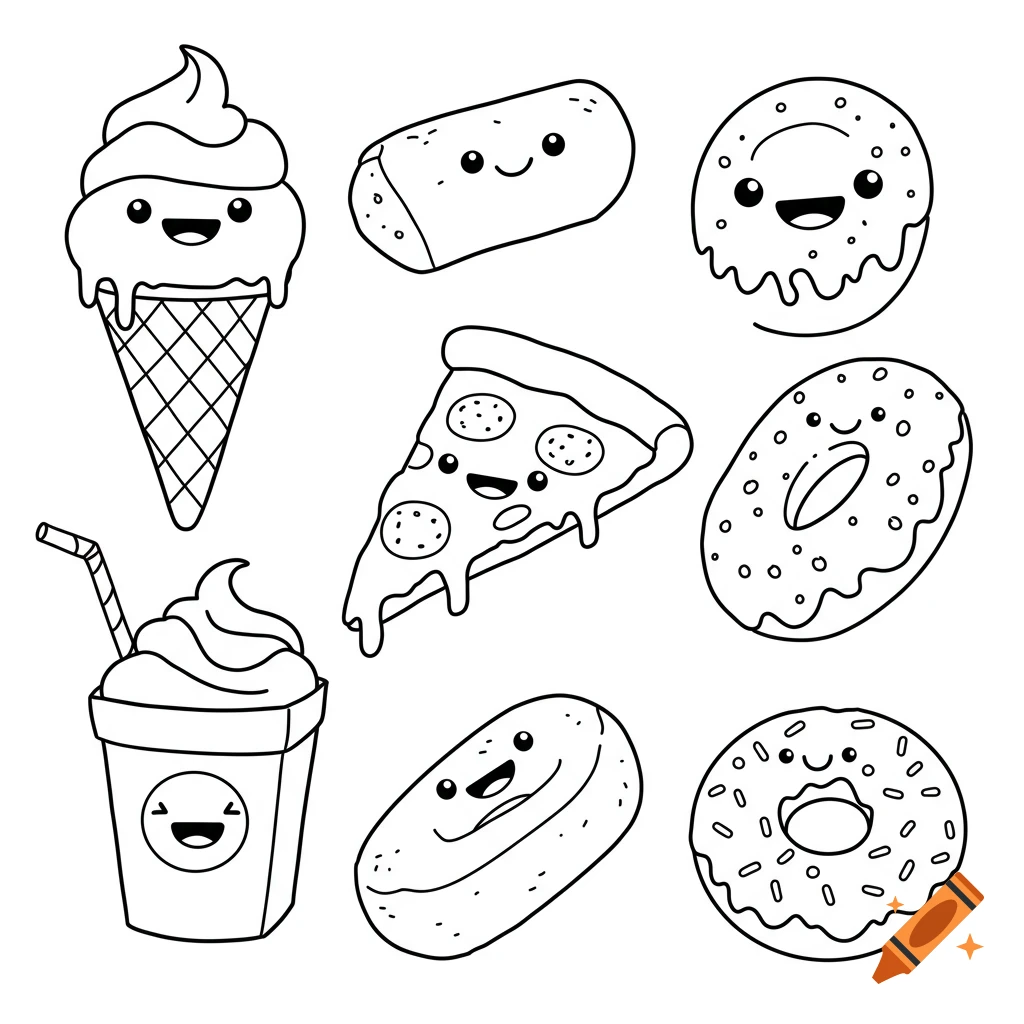 Black and white line art of cute, smiling cartoon snacks including ice cream, pizza, donuts, and a milkshake.