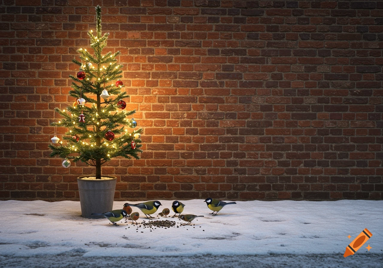 A small decorated Christmas tree in a pot stands on a snowy sidewalk next to a brick wall, with several birds pecking at seeds on the snow.