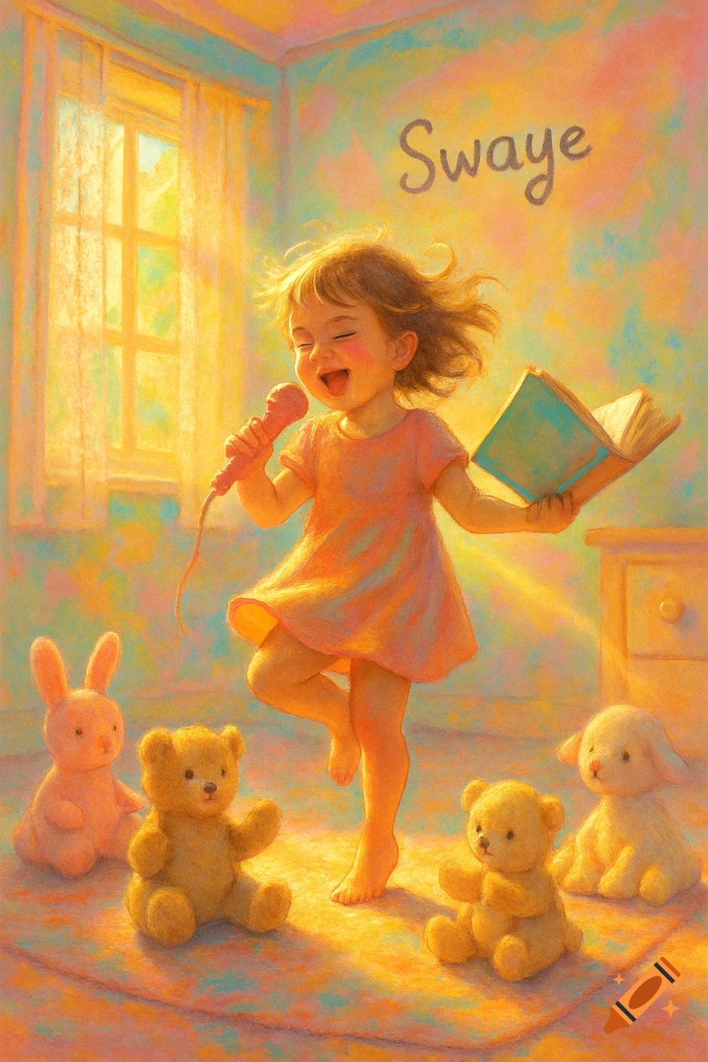 A smiling girl sings into a pink microphone, holding a book, and dancing with stuffed animals in a sunlit, painterly room.